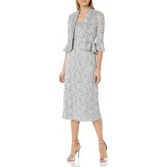 R&M Richards Women's Two Piece Lace Long Jacket Dress Missy