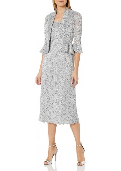 R&M Richards Women's Two Piece Lace Long Jacket Dress Missy