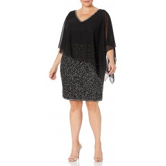 J Kara Women's Plus Size Caplet Short Cocktail Beaded Dress