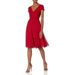 Dress the Population Women's Corey Plunging Mix Media Cap Sleeve A-line Midi Dress, Garnet, L