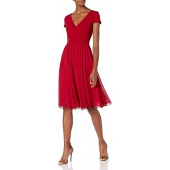 Dress the Population Women's Corey Plunging Mix Media Cap Sleeve A-line Midi Dress, Garnet, L