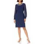 Tahari ASL Women's Long Sleeves Beaded Round Neck Sheath Dress